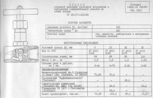 Вентиль 15с54бк2 (ПЗ 22038) Ду 6   Р-160  (муфтовый)