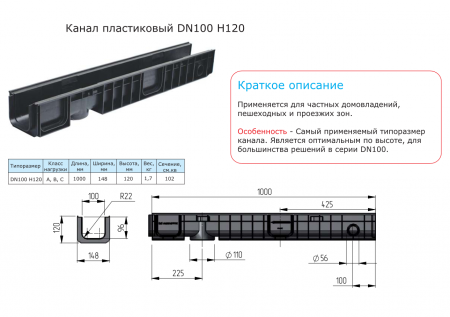 Лоток водоотводный Standart 14,6*12 DN100, пластиковый, нагрузка до 25т (ДхШхВ-1100х146х120мм)