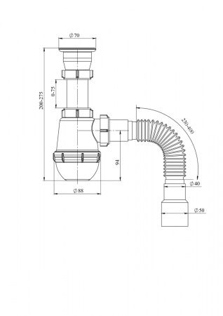 Сифон бутылочный, нерж. сетка (70мм) 1 1/2х40 гибкая труба 40/50 (400мм)