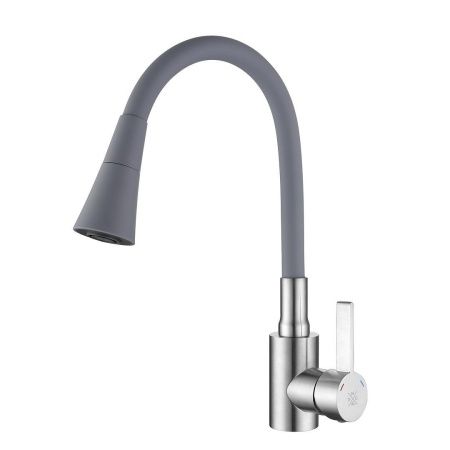 Смеситель РМС для кухни одноручный гайка, нерж+серый, нерж.сталь, SUS123GY-016F