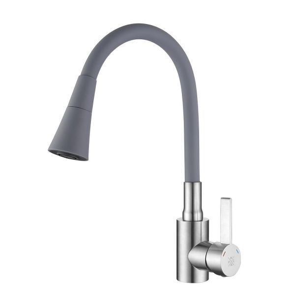 Смеситель РМС для кухни одноручный гайка, нерж+серый, нерж.сталь, SUS123GY-016F