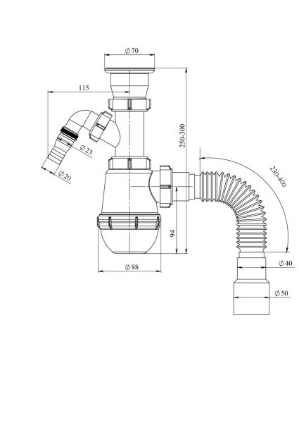 Сифон бутылочный, нерж. сетка (70мм) 1 1/2х40 с отвод для стир.машины, гибкая труба 40/50 (400мм)