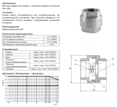 Клапан обратный CVS25.04.020.25   Ду20,   Ру-25,  Т-250   (нерж.,)  муфта/муфта