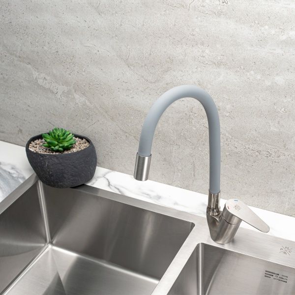 Смеситель РМС для кухни одноручныйгайка,  нерж+серый, нерж.сталь, SUS126GY-016F