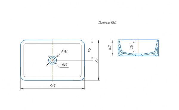 Умывальник мебельный "Олимпия-560" без перелива, без комплекта, без отверстия, белый