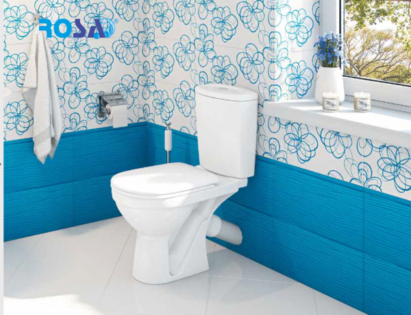 Унитаз "Комфорт", синий декор, 2кноп.,косой вып.,нижн.подв., сиденье полипропилен