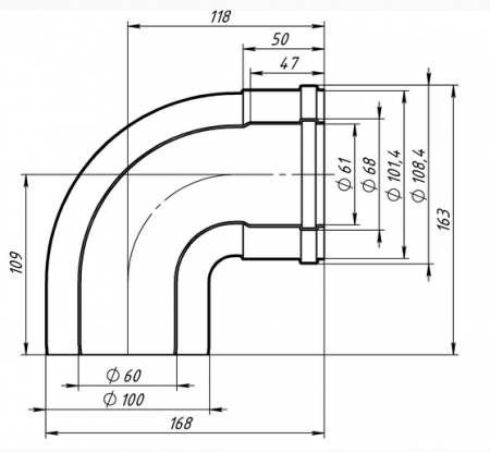 Колено (отвод) коаксиальное 60х100-90 град. (серия "СТАНДАРТ")