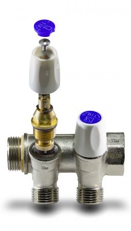 Коллектор вентильный регулирующий под 45", ВР  1" - 2х16 с цангами ф16, красные/синие