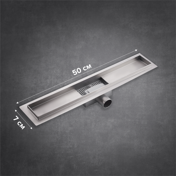 Линейный трап 50х7см, из нерж. стали с горизонтальным выпуском, гидро+сухая защита от запаха, ТЛ-01