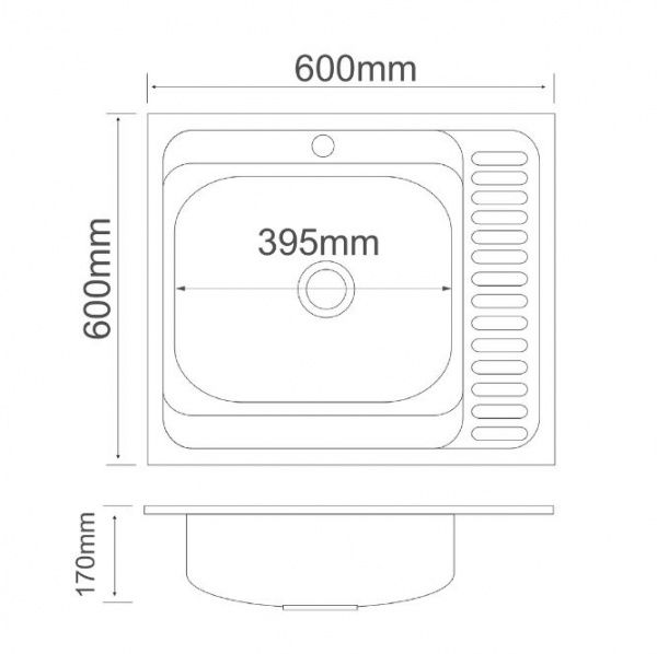Мойка нержавеющая накладна 60х60 (0,6мм) выпуск 1 1/2",  глубина 17см Правое крыло