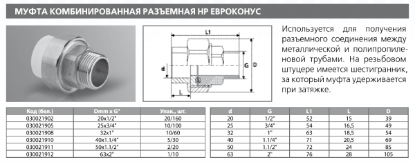 Муфта PPRC комбинированная разъемная (американка) НР 20х1/2"   (сер.) Tebo (20/160)