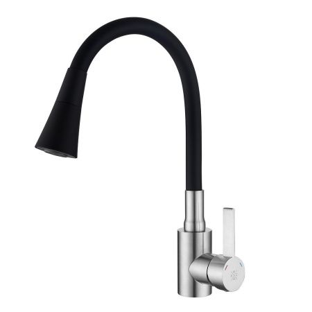 Смеситель РМС для кухни одноручный гайка, нерж+черный, нерж.сталь, SUS123BL-016F