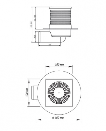 Трап РР канализационный горизонтальный 50 (100х100) НЖ решетка, регулируемый