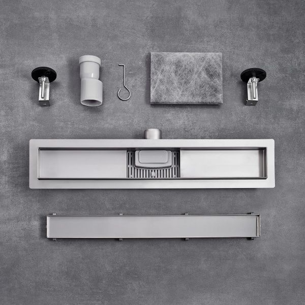 Линейный трап 80х7см, из нерж. стали с горизонтальным выпуском, гидро+сухая защита от запаха, ТЛ-01