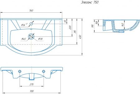 Умывальник мебельный "Элеганс 750" с переливом, без комплекта, 1 отверстие, белый