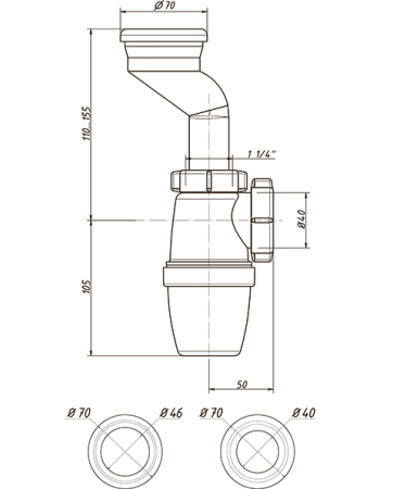 Сифон для настенного писсуара 1 1/4х40, в комплекте с манжетами 40 и 46 мм (без трубы)