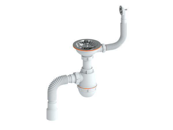 Сифон бутылочный, нерж. сетка 3 1/2х40 перелив КРУГЛЫЙ, гибкая труба 40/50 (400мм)