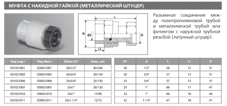 Муфта PPRC комбинированная с накидной гайкой 20х1/2"  (металлическая вставка,сер.) Tebo (40/240)