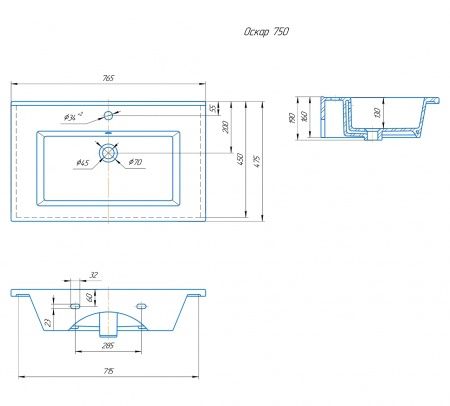 Умывальник мебельный "Оскар-750" с переливом, без комплекта, 1 отверстие, белый