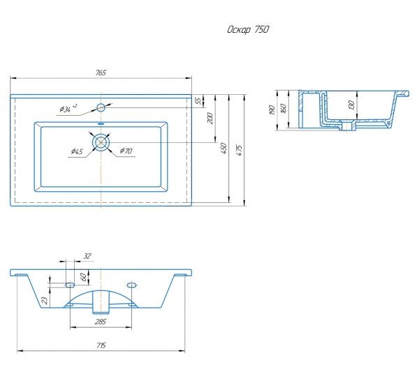 Умывальник мебельный "Оскар-750" с переливом, без комплекта, 1 отверстие, белый