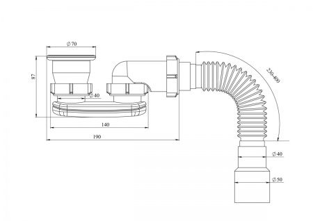 Сифон для поддона, нерж.сетка 1 1/2"х40, плоский, с гофрированной трубой 40х40/50 (400мм)