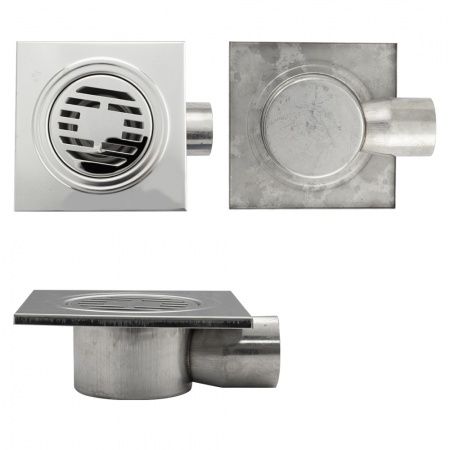 Трап из нежарвеющей стали квадратный 15х15см с горизонтальным (угловым) выпуском Ф50 мм САНАКС