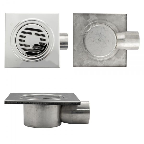 Трап из нежарвеющей стали квадратный 15х15см с горизонтальным (угловым) выпуском Ф50 мм САНАКС