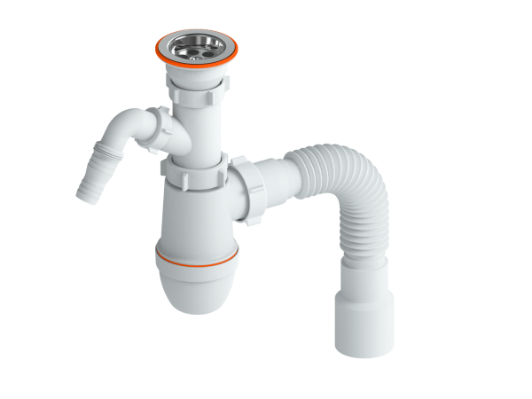 Сифон бутылочный, нерж. сетка (70мм) 1 1/2х40 с отвод для стир.машины, гибкая труба 40/50 (400мм)