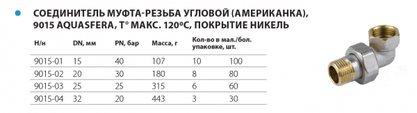 Соединитель угловой с накидной гайкой Ду 15 (ник.) "Aquasfera"