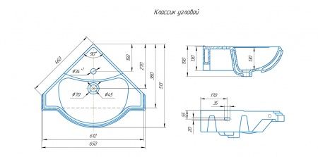 Умывальник мебельный, угловой "Классик" с переливом, без комплекта, 1 отверстие, белый