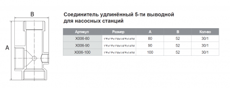 Муфта пятиходовая латунная НР1"хВР1"хВР1/4"*НР1/4"хВР1",  L-100 мм