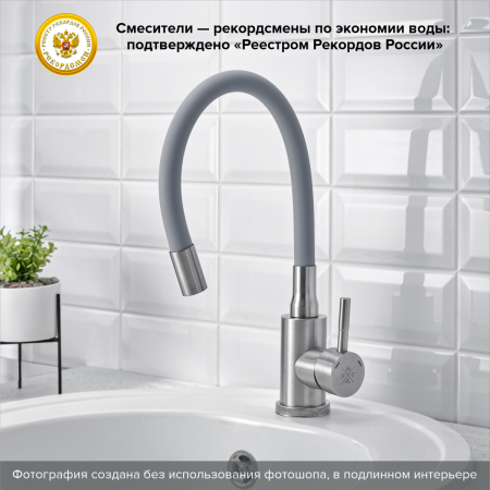 Смеситель РМС для кухни одноручныйгайка,  нерж+серый, нерж.сталь, SUS124GY-016F