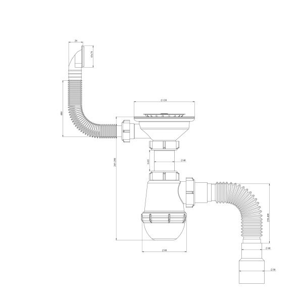 Сифон бутылочный, нерж. сетка 3 1/2х40 перелив КВАДРАТ, гибкая труба 40/50 (400мм), пластиковый шток