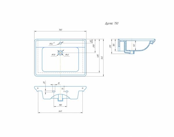 Умывальник мебельный "Дуглас-750" с переливом, без комплекта, 1 отверстие, белый