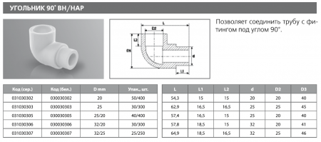 Угольник PPRC переходной вн./нар 32х25/90 (бел.) Tebo (25/250)