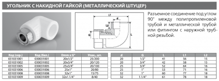 Угольник PPRC с накидной гайкой и металлической вставкой 32х1" (бел.)Tebо (10/50)