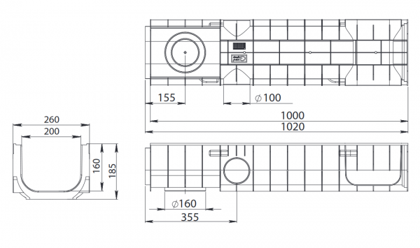 Лоток водоотводный Standart 26*18,5 DN200, пластиковый, нагрузка до 25т (ДхШхВ-1000х260х185мм)