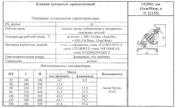 Вентиль 15с58п Ду 50,   Ру-16  (прямоточный, фланцевый)