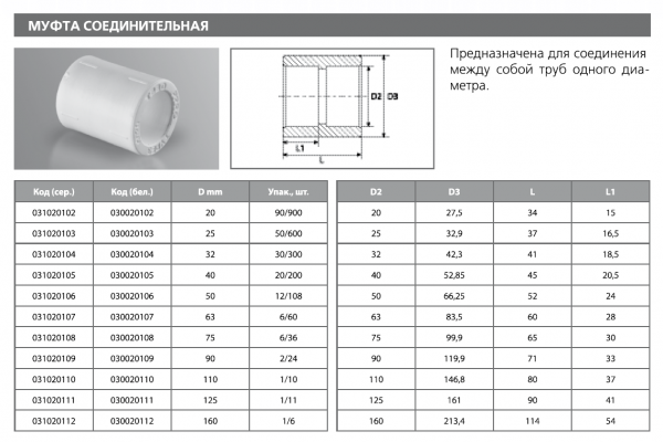 Муфта соединительная PPRC 20 (бел.) Tebo (90/900)