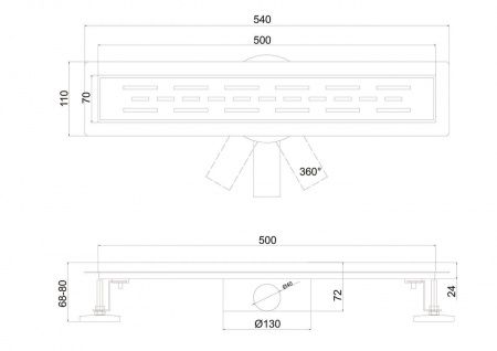 Линейный трап 50х7см, из нерж. стали с горизонтальным выпуском, гидро+сухая защита от запаха, ТЛ-02