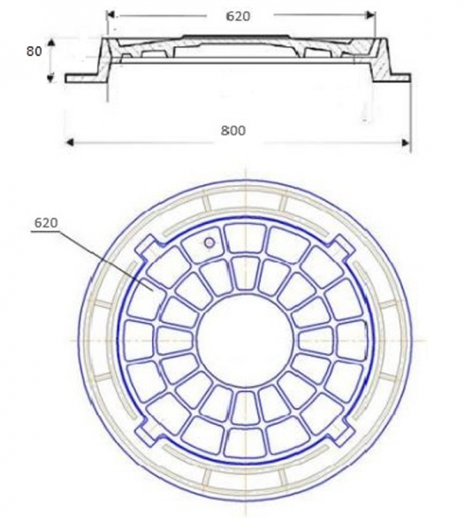 Люк чугунный, тяжелый Т (С250)-1-60, 4-х ушковый (К.1-60 ГОСТ 3634-2019)