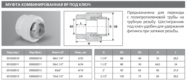 Муфта PPRC комбинированная ВР 32х1" под ключ (бел.) Tebo (15/60)