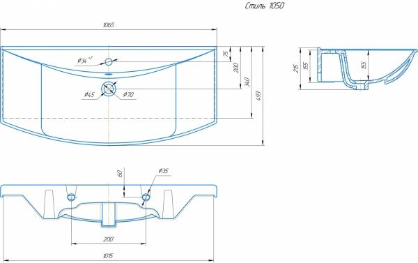Умывальник мебельный "Стиль-1050" с переливом, без комплекта, 1 отверстие, белый
