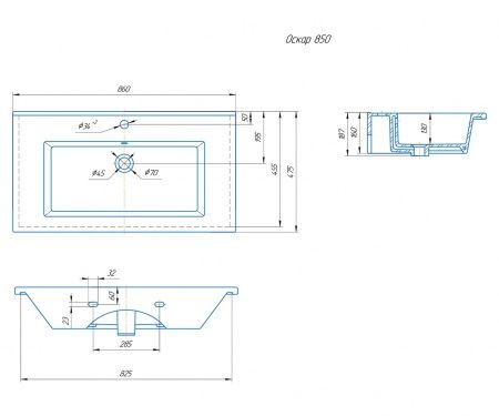 Умывальник мебельный "Оскар-850" с переливом, без комплекта, 1 отверстие, белый