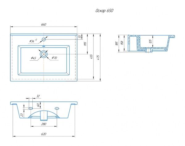 Умывальник мебельный "Оскар-650" с переливом, без комплекта, 1 отверстие, белый