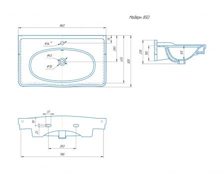 Умывальник мебельный "Модерн-850" с переливом, без комплекта, 1 отверстие, белый