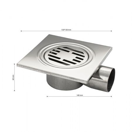 Трап из нежарвеющей стали квадратный 15х15см с горизонтальным (угловым) выпуском Ф50 мм САНАКС