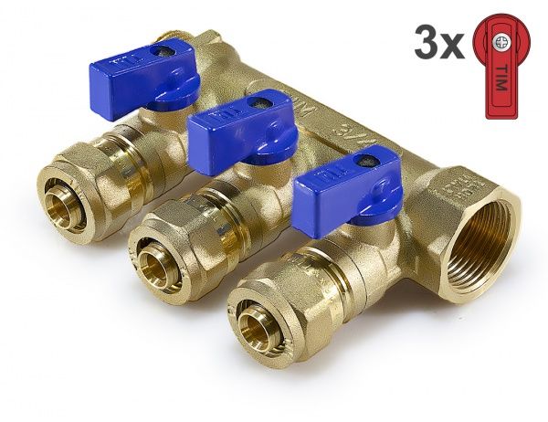 Коллектор латунный TIM с шаровыми кранами ВР 3/4" - 3х16  с цангами под МП трубу ф16