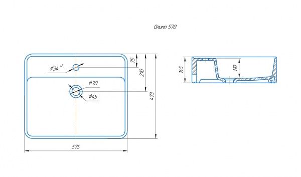Умывальник мебельный "Олимп-570" без перелива, без комплекта, 1 отверстие, белый
