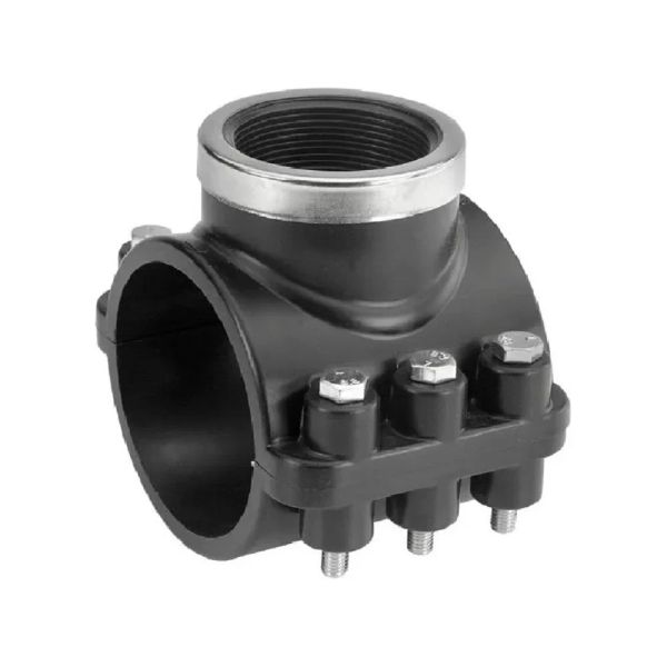 Седелка (хомут на врезку) ВР 160х1" Р-16 (ПНД, Компрессия), черная, с кольцом, CODE 1026